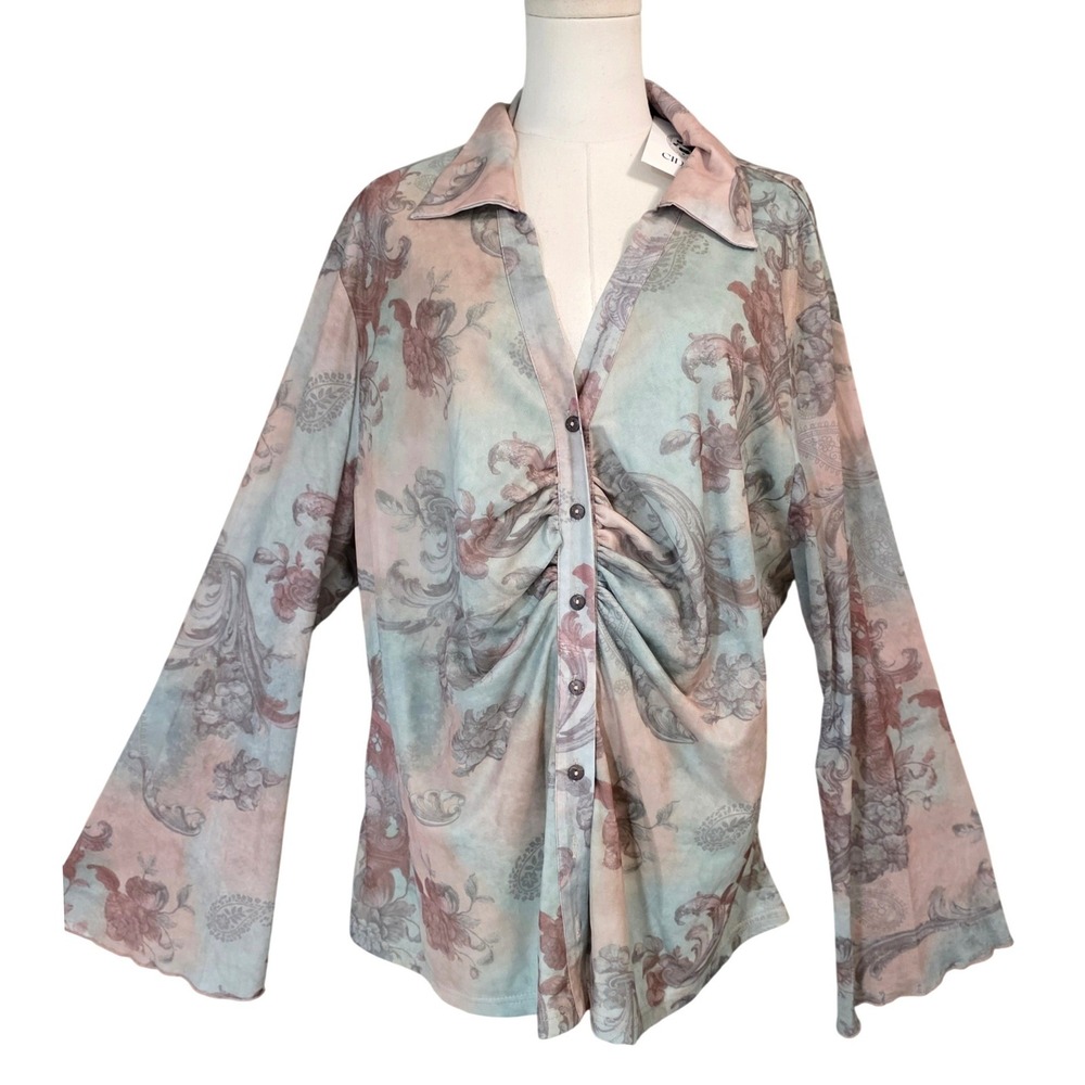 Cider Mesh Floral Damask Ruched Blouse Womens 4XL Pastel New Long Sleeve